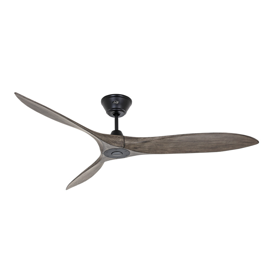 Harmaa musta hiljainen kattotuuletin | Sisustusliike Portiikki Musta kattotuuletin puiset harmaat lavat.