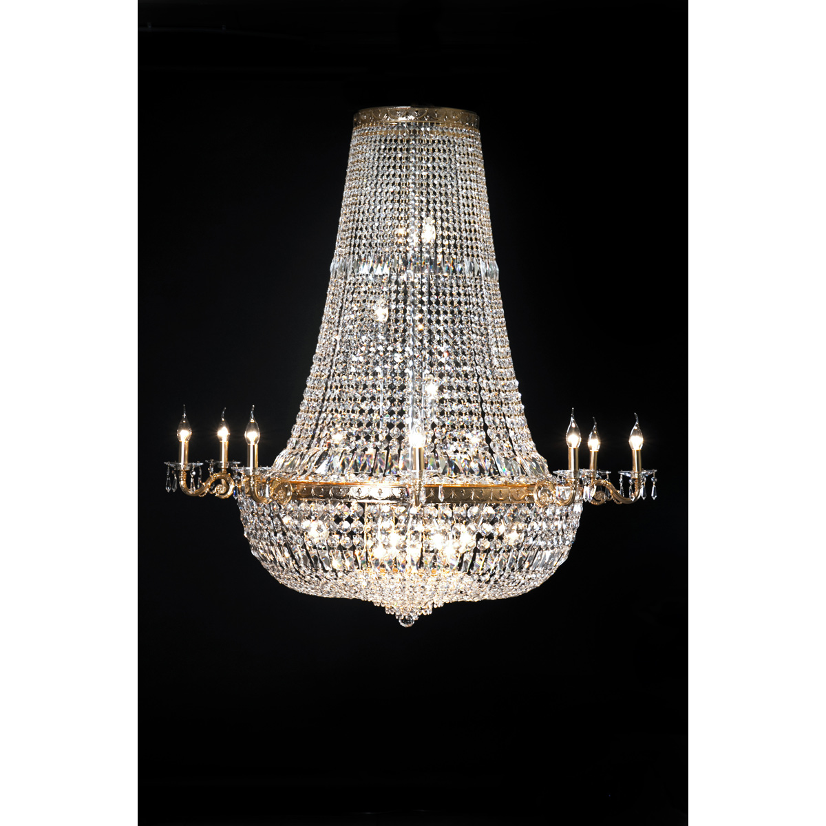 Kristallinen-kattokruunu-varrella-kullattu | Sisustusliike Portiikki Empire valaisin. Empire kristallikruunu.