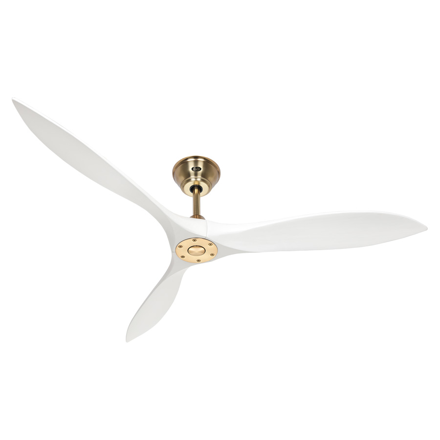 Messinkirunkoinen kattotuuletin valkoiset puu lavat | Sisustusliike Portiikki Messinkinen tuuletin olohuoneeseen.